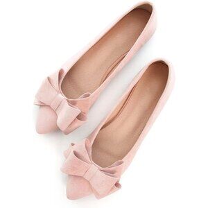 Women's Pink Bowknot Ballet Flats Pointy Toe Casual Flat Shoes Suede
